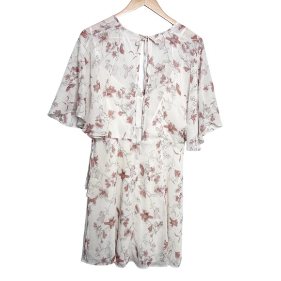 Lulus Women's Floral V-Neck Back Cut Out Neutral Flowy Sheer Ruffle Mini Dress - Picture 8 of 16